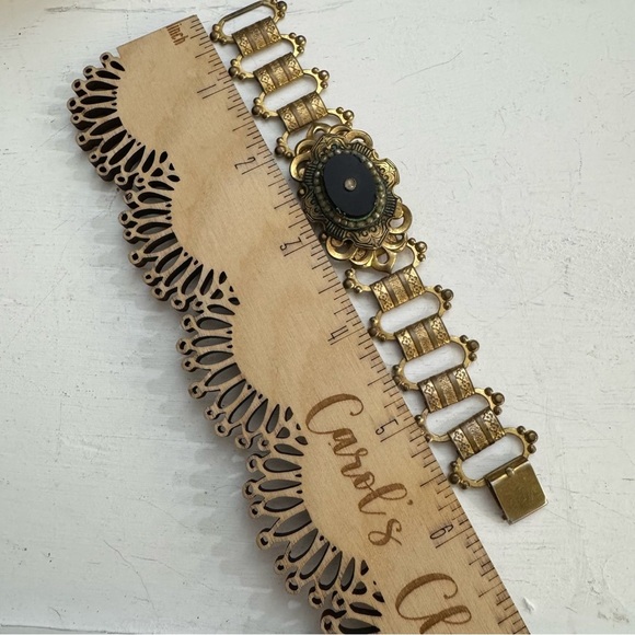 Vintage Art Deco Onyx Oval Seed Pearl Gold Tone Link Intricate Inlay Retro Gift - Picture 15 of 16